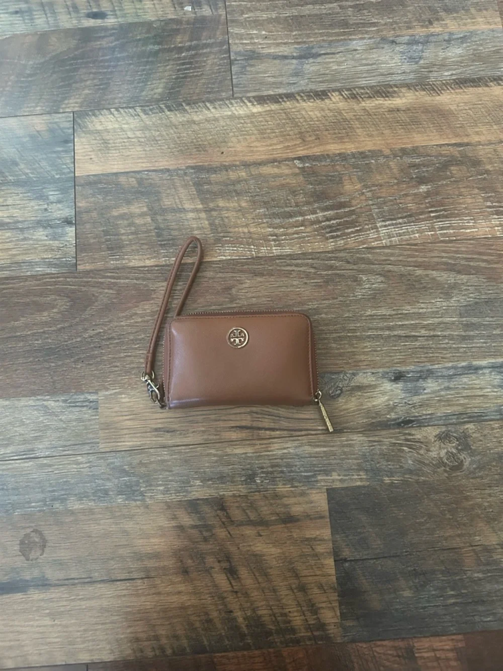 Tory Burch Cognac Leather Wristlet with Gold Logo